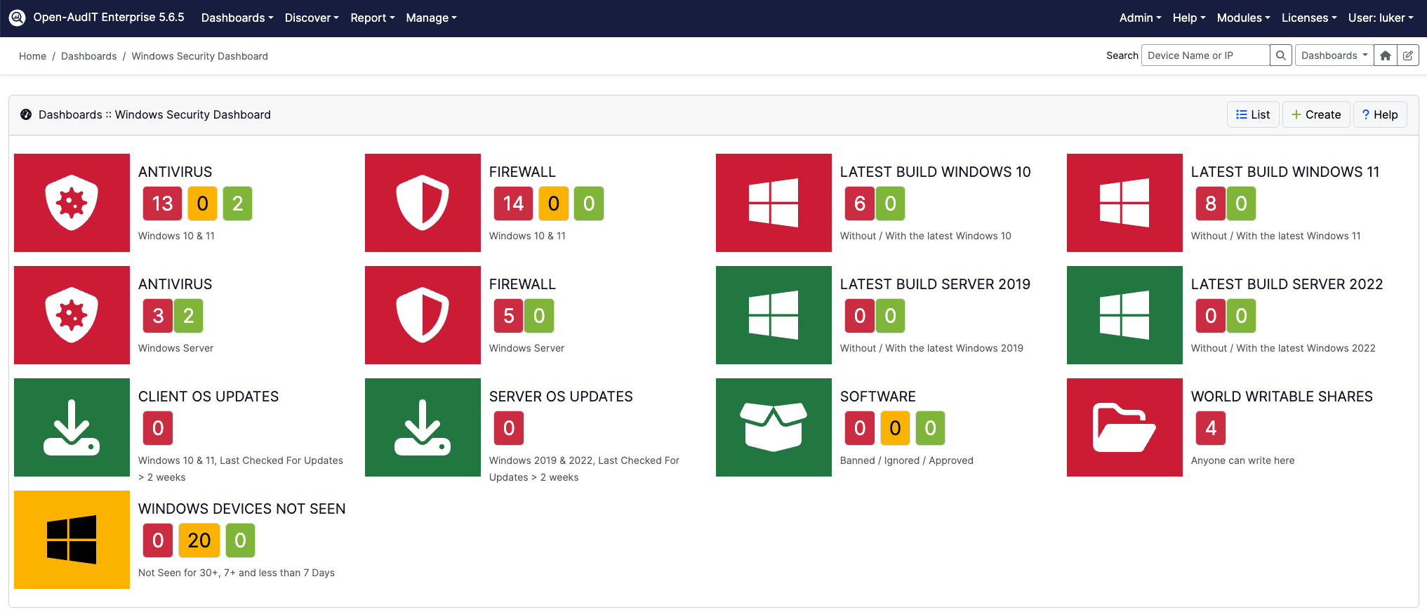 Open-AudIT modern Windows security dashboard with antivirus status