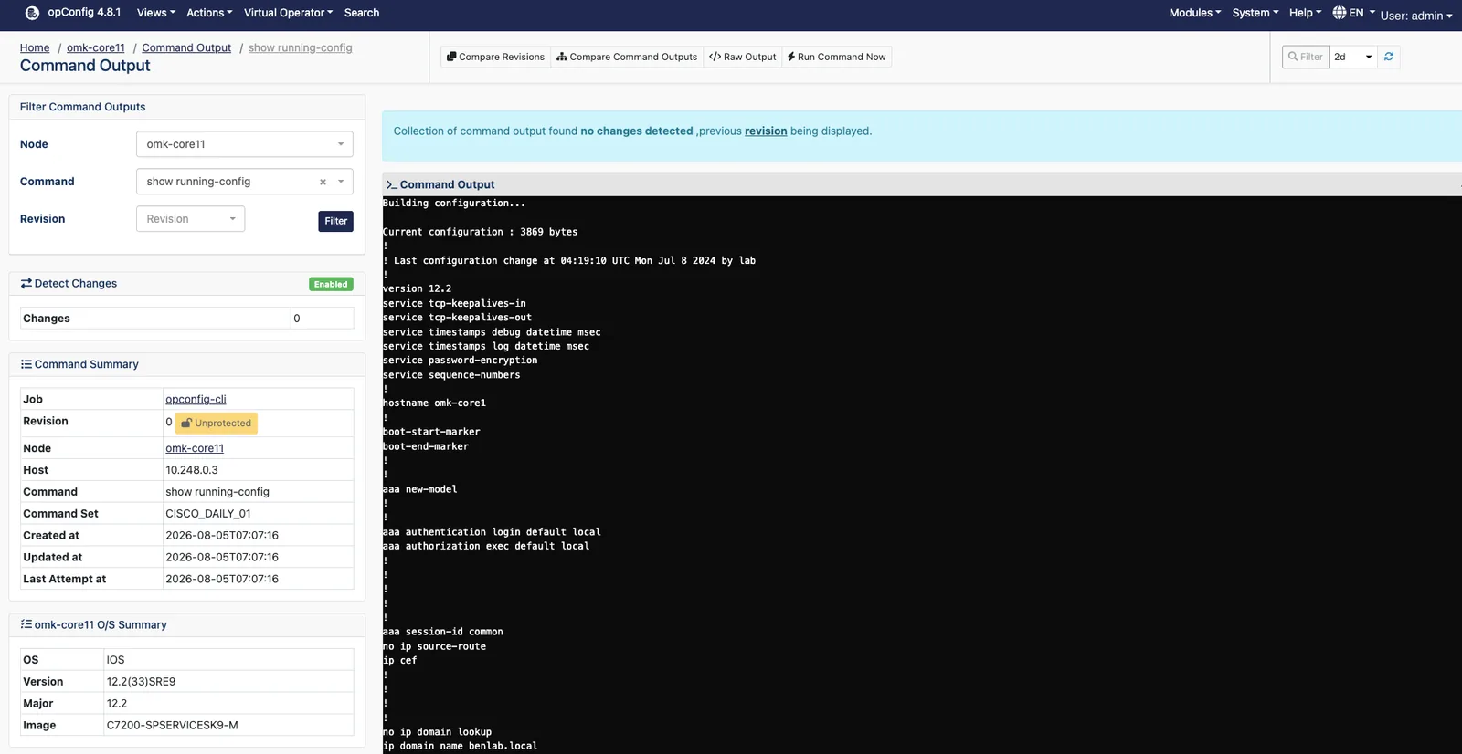 opConfig Command Output page for a show running-config collection on a Cisco IOS node, with a banner confirming no changes were detected, a change counter reading zero, the job and command set metadata, and the captured running configuration in a terminal pane