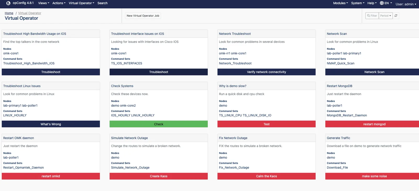 opConfig Virtual Operator page, a grid of twelve saved jobs each naming its target nodes and command sets, with a single action button per card coloured by risk, from navy for read-only troubleshooting through green for checks to red for restarts and route changes