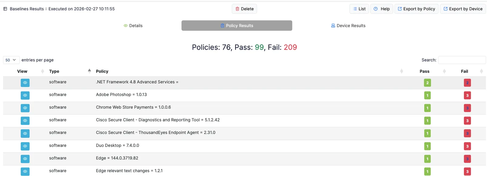 Open-AudIT baseline policy results for a dated run, headlined 76 policies with 99 passes and 209 failures, above a table listing each software version policy with its per-device pass and fail counts