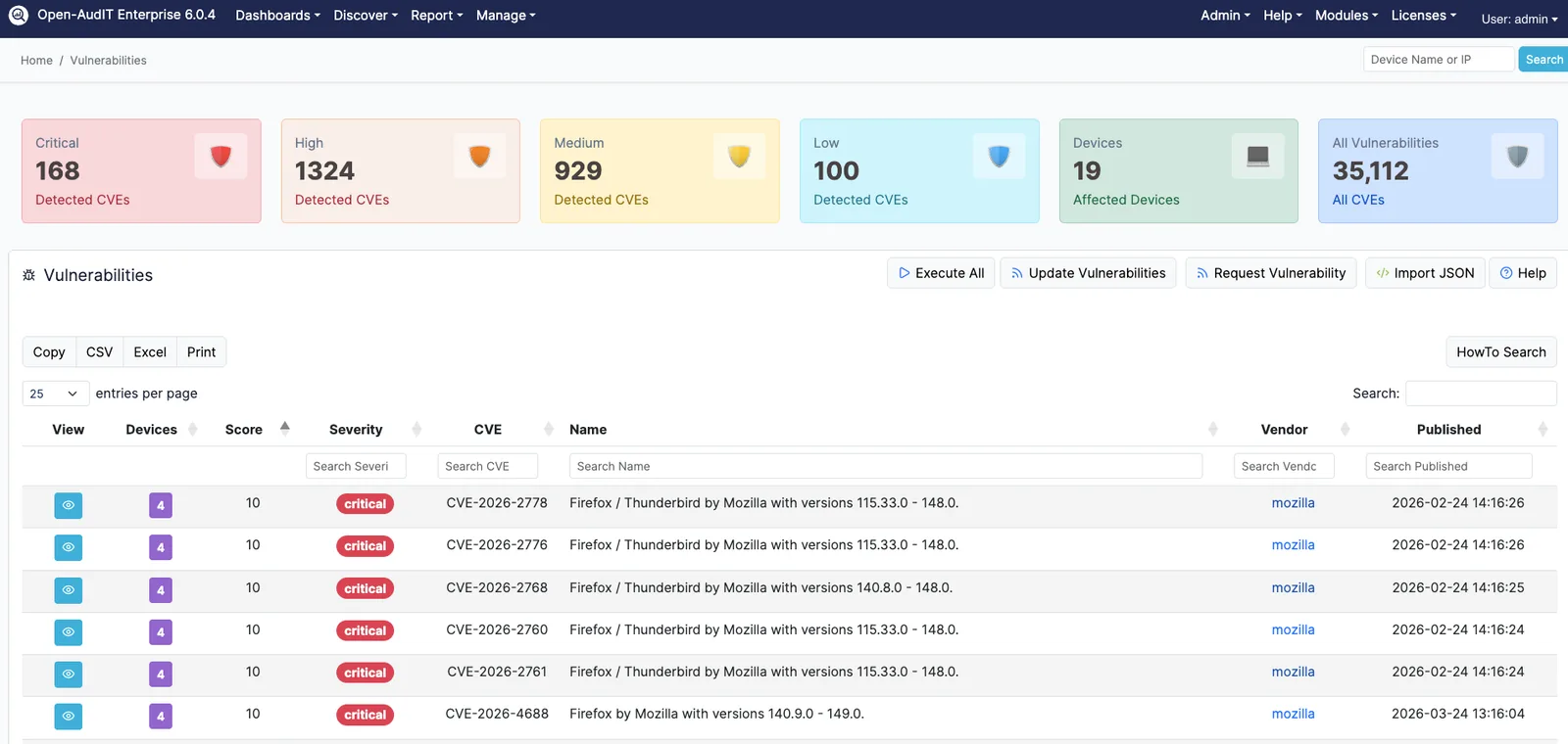 Open-AudIT Vulnerabilities page, with severity cards counting critical, high, medium and low detected CVEs alongside affected device and total CVE counts, above a sortable table of individual CVEs listing score, severity, affected device count, vendor and publication date