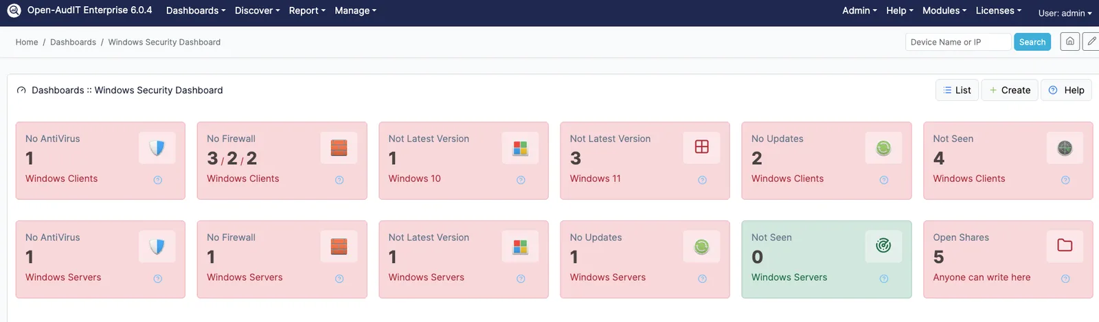 Open-AudIT Windows Security Dashboard, a grid of twelve counters split between Windows clients and Windows servers, covering machines with no antivirus, no firewall, outdated versions, missing updates, machines not seen recently, and open shares that anyone can write to