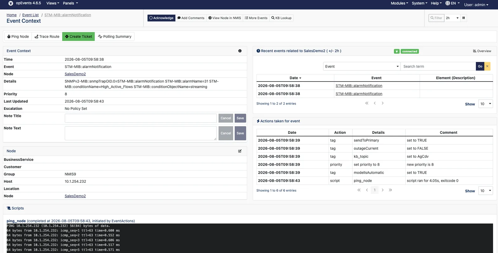 opEvents Event Context page for an STM alarm notification, showing the decoded SNMP trap detail and node facts on the left, related events and a table of six automated actions on the right, and the captured output of an automatic ping script at the foot of the page